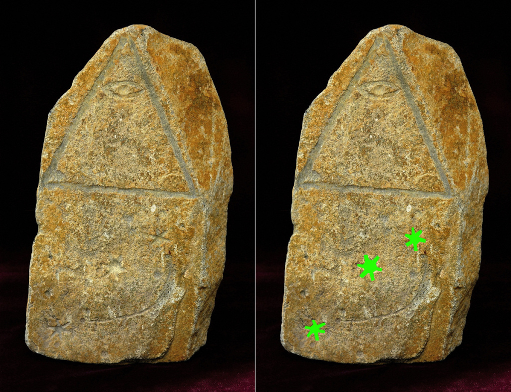 Stone artifact with a pyramid containing the All Seeing Eye and below it the Orion star constellation (marked in green on the right)