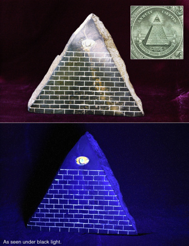 Pyramid with All Seeing Eye with in the top-right the Eye of Providence as seen on the reverse of the Great Seal of the United States on the US $1 bill.