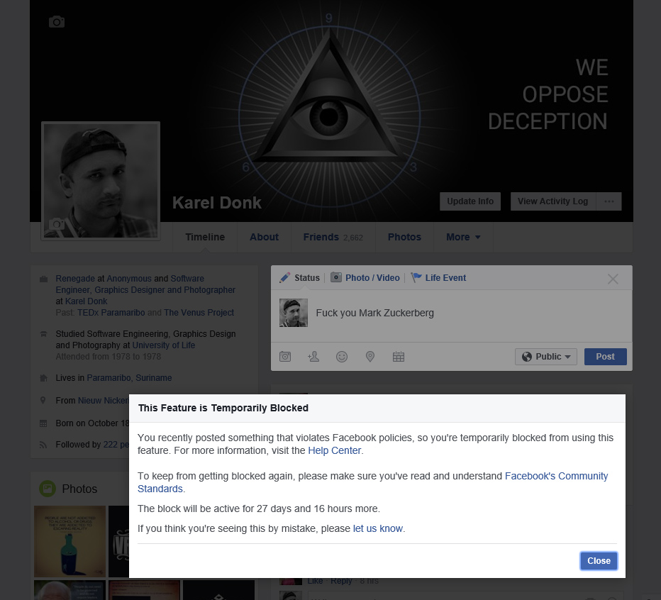 On The Facebook 30 Day Ban And Censorship Karel Donk